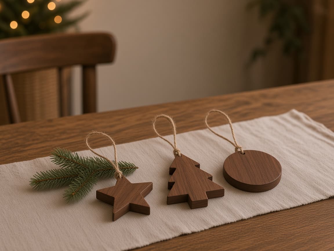 Handmade hardwood Christmas ornaments with twine