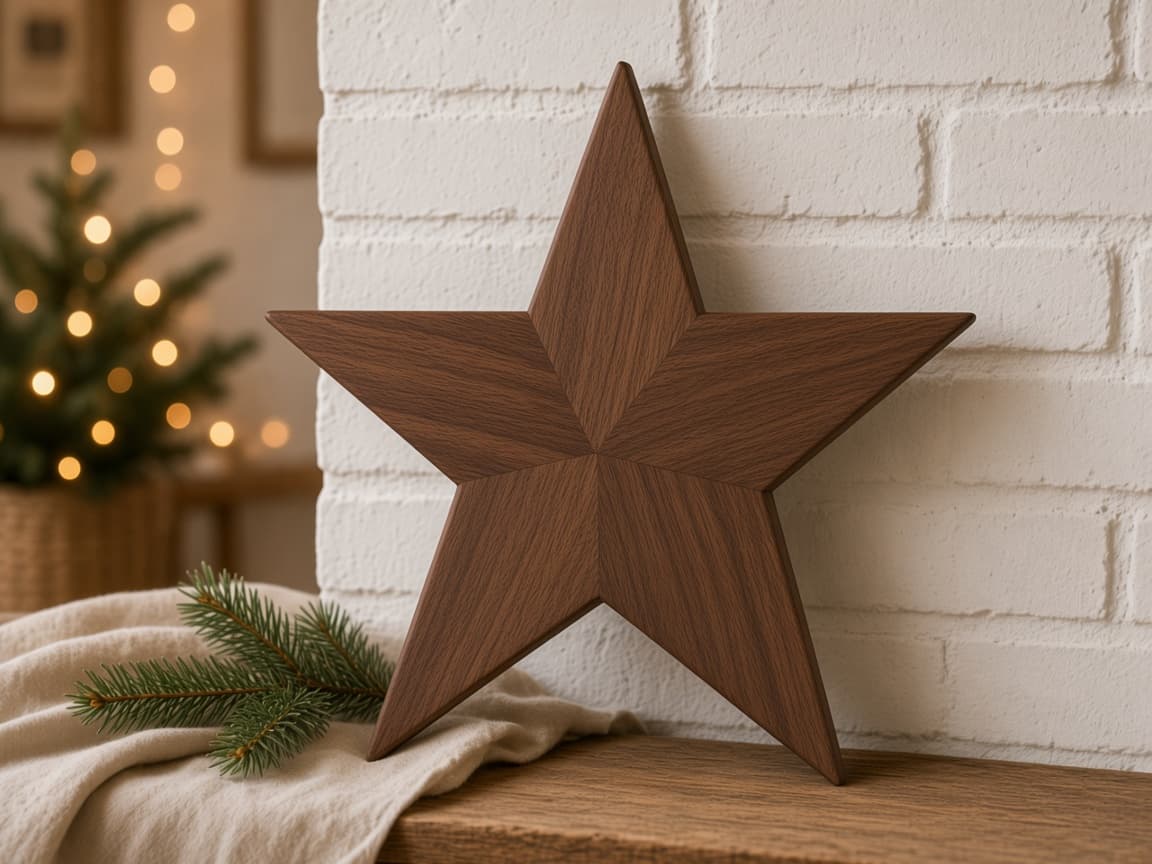 Simple handmade hardwood Christmas star on a mantel