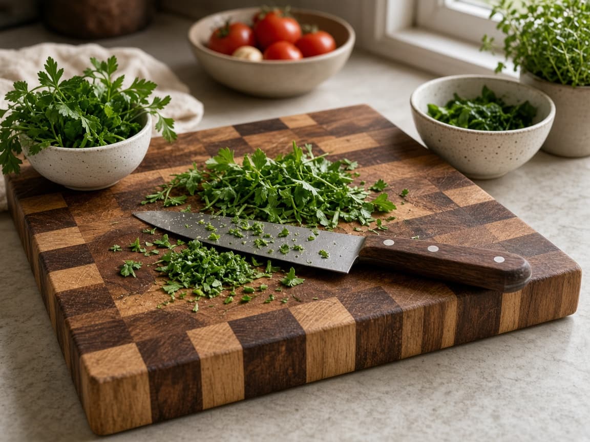 End-grain chopping board in daily use on a kitchen counter