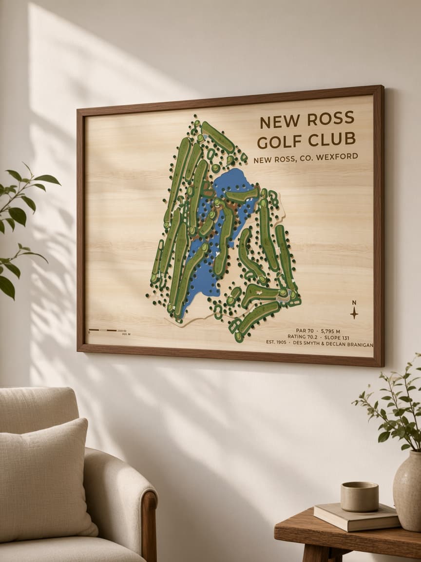 Laser-cut New Ross Golf Club map in maple with a walnut mitre frame on a wall